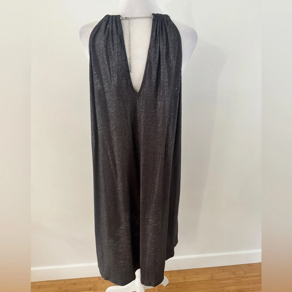 New! MICHAEL KORS silver Shimmer halter Chain Black Sleeveless Hi-Lo Dress